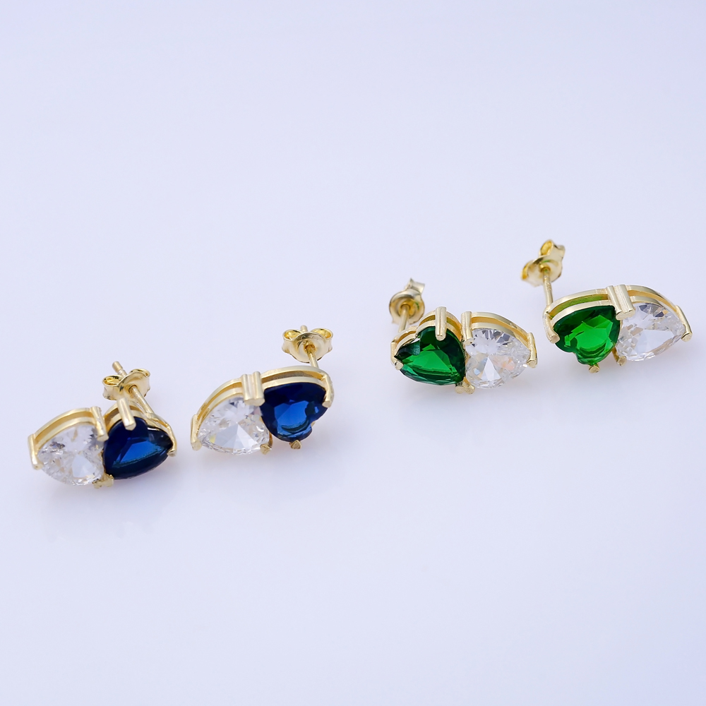 Heart Emerald Cz Stone Silver Stud Earrings
