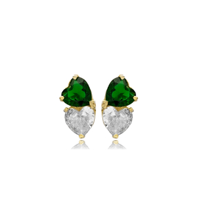 Heart Emerald Cz Stone Silver Stud Earrings