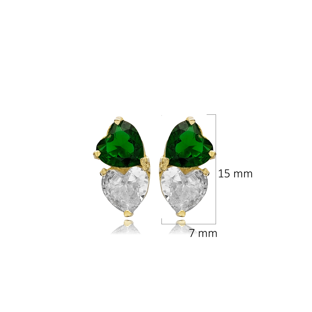 Heart Emerald Cz Stone Silver Stud Earrings