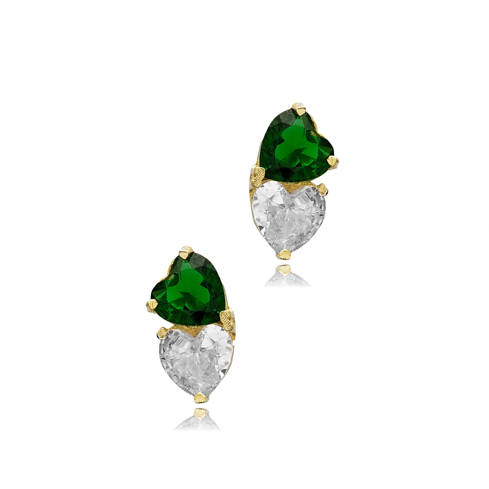 Heart Emerald Cz Stone Silver Stud Earrings