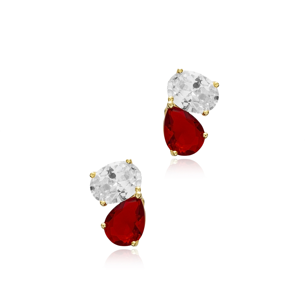 Garnet Cz Stone Heart Silver Stud Earrings