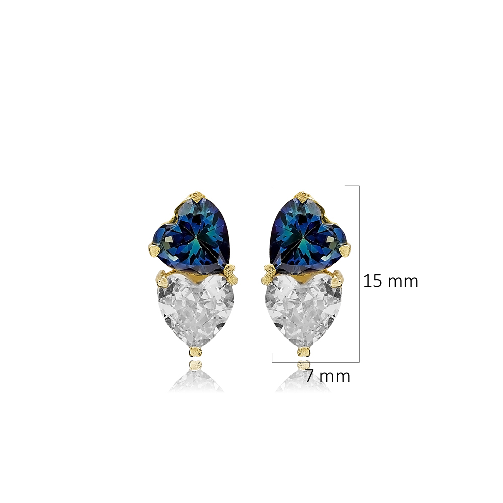Heart Blue Topaz CZ Stone Silver Stud Earrings