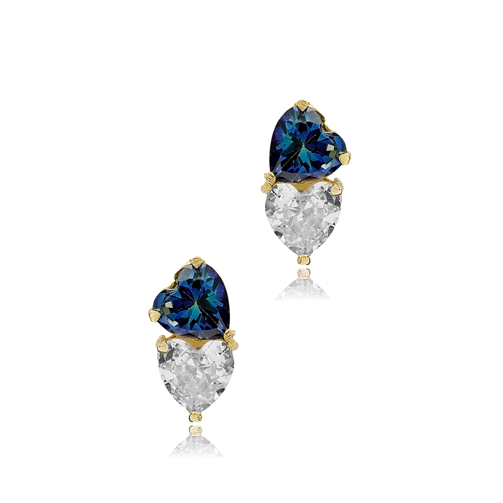 Heart Blue Topaz CZ Stone Silver Stud Earrings