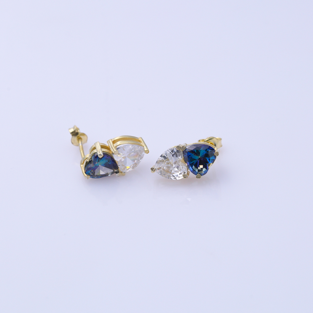 Heart Blue Topaz CZ Stone Silver Stud Earrings