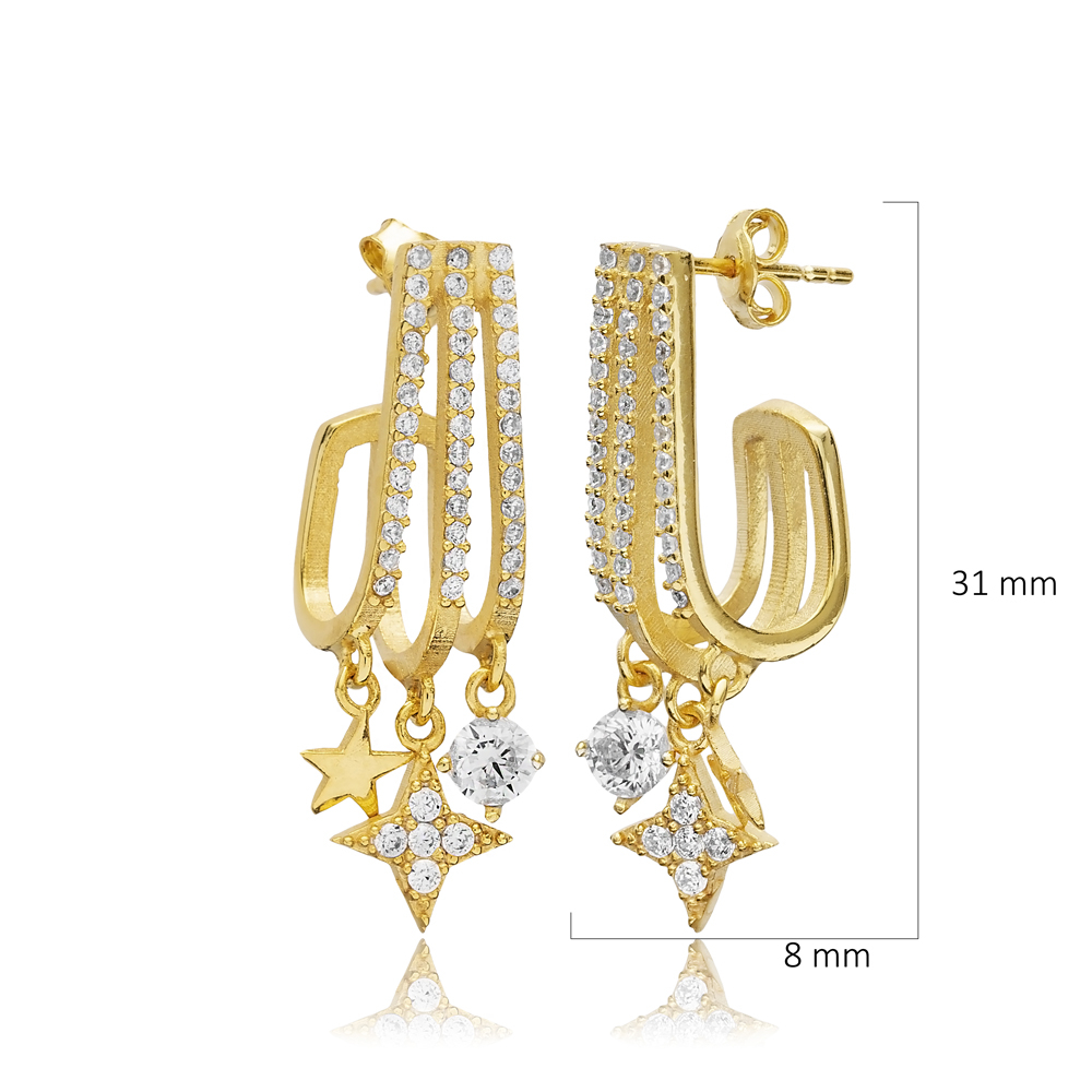Crystal Star Drops Silver Hoop Earrings