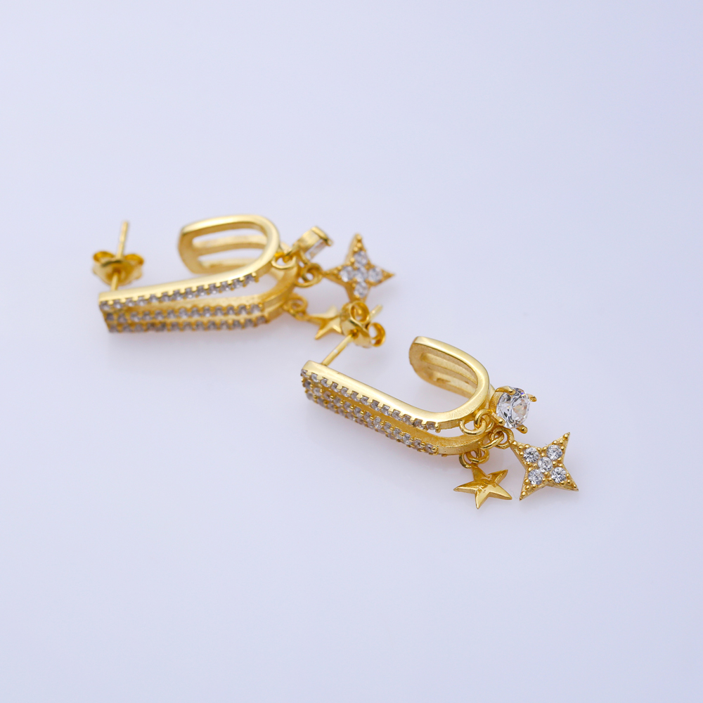 Crystal Star Drops Silver Hoop Earrings