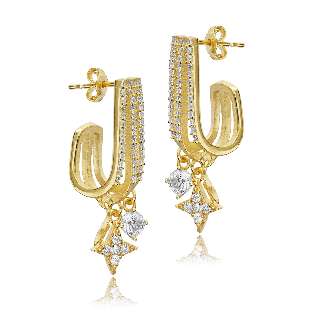 Crystal Star Drops Silver Hoop Earrings
