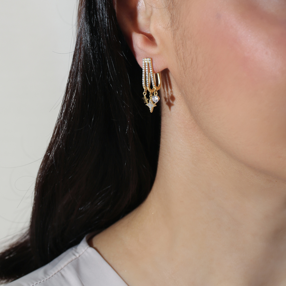Crystal Star Drops Silver Hoop Earrings
