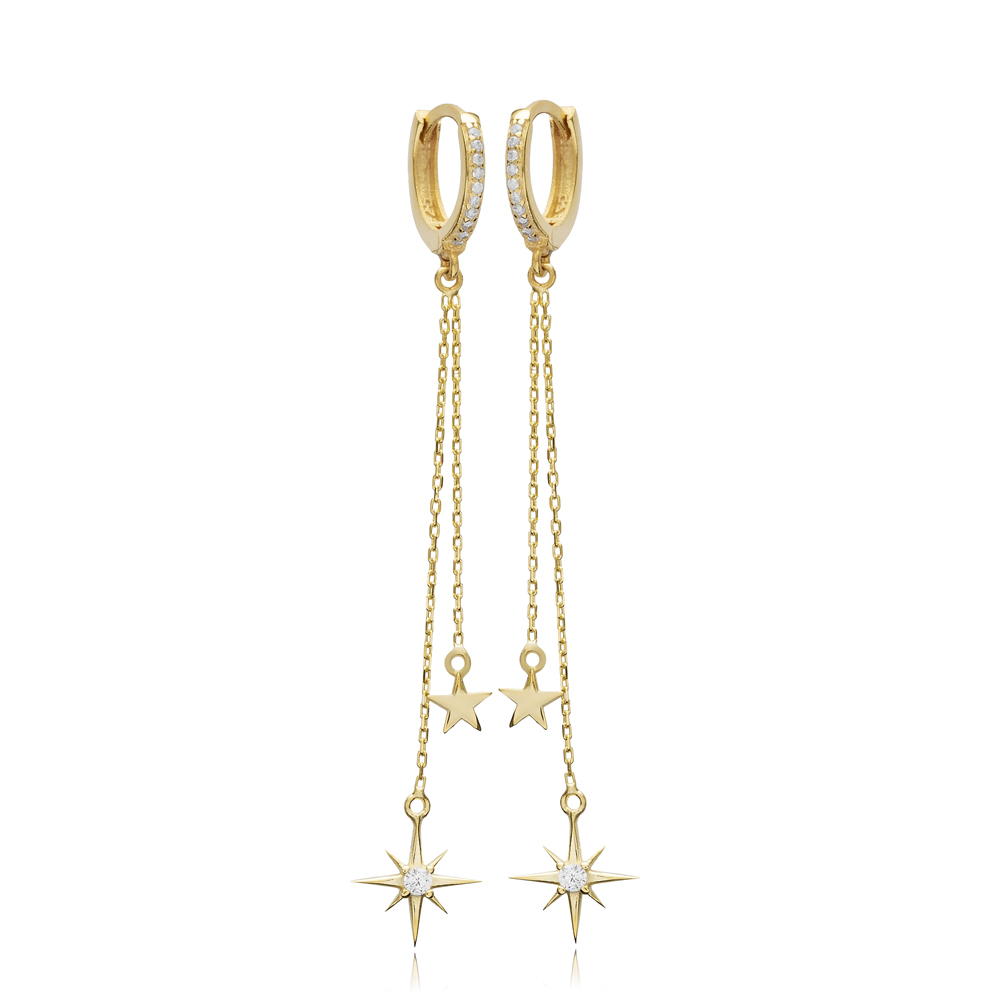 Star Charms Silver Chain Long Earrings