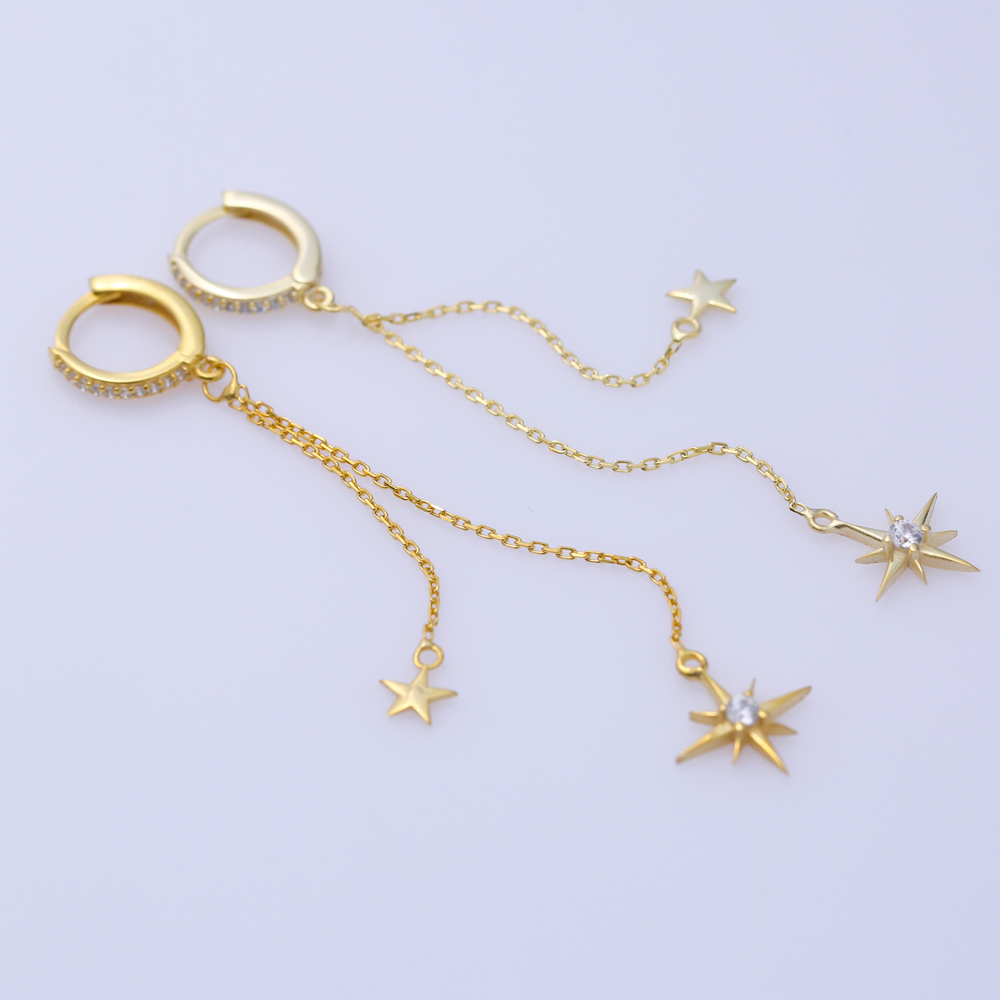 Star Charms Silver Chain Long Earrings