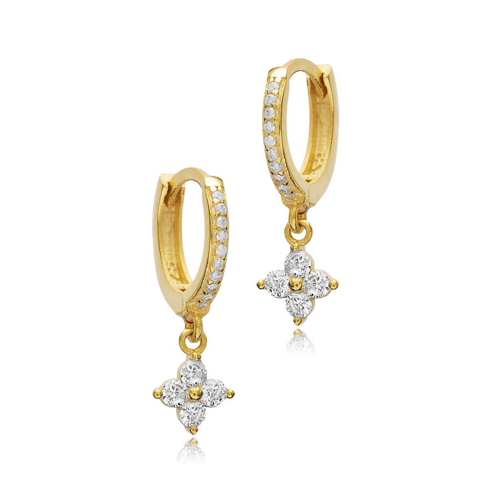 CZ Stone Flower Shape Silver Dangle Earrings