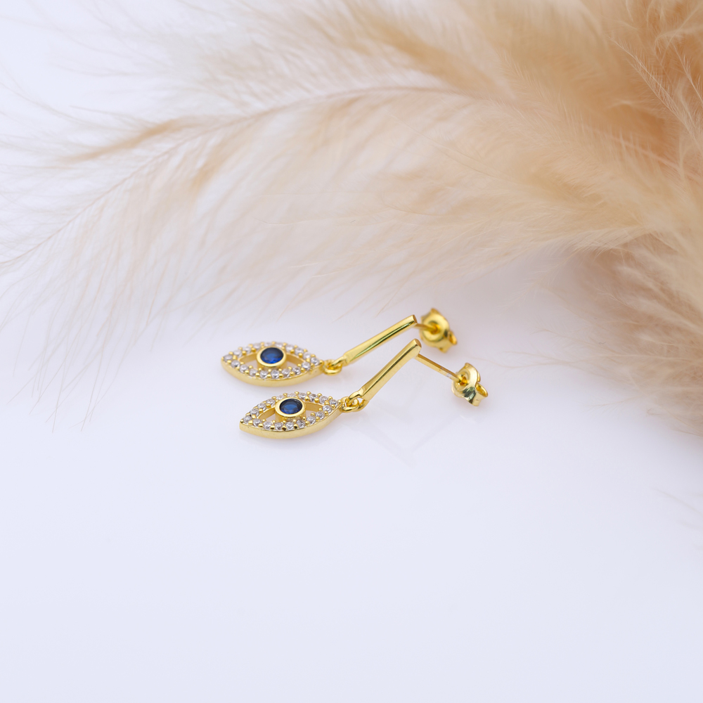 Evil Eye Design Bar Silver Stud Earrings