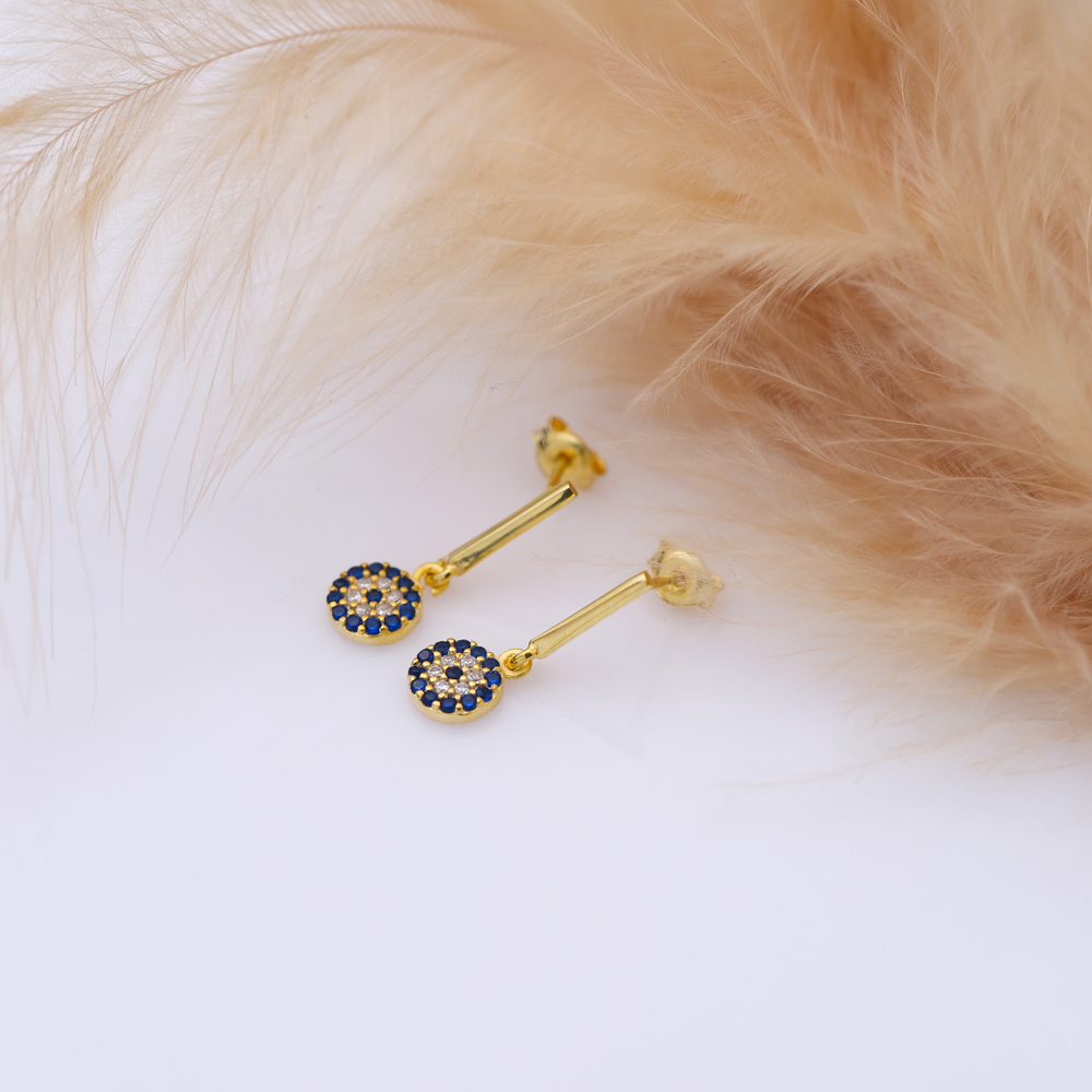 Round Evil Eye Bar Silver Stud Earrings