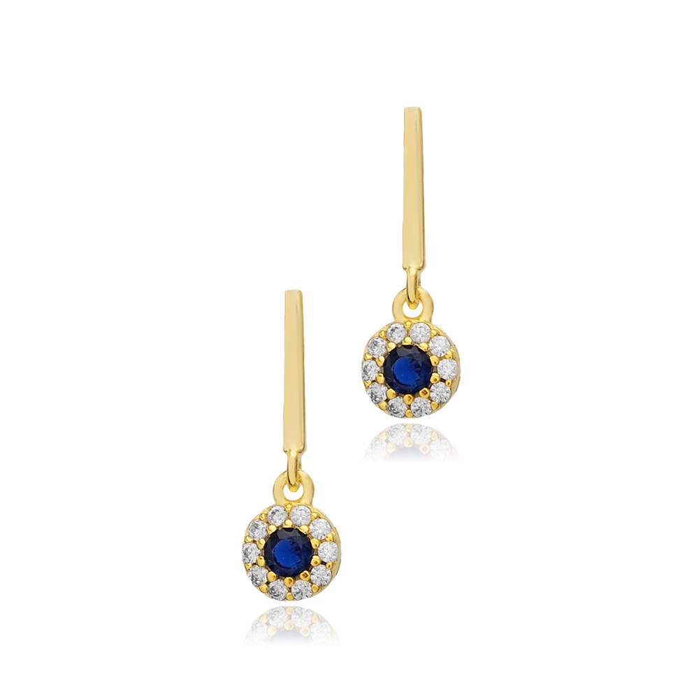 Sapphire CZ Round Bar Silver Stud Earrings
