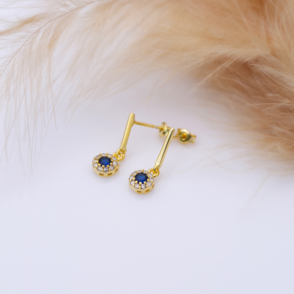 Sapphire CZ Round Bar Silver Stud Earrings