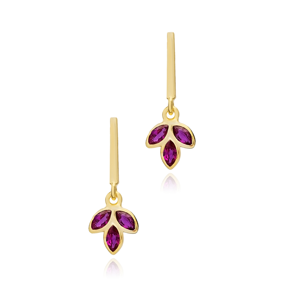 Ruby Cz Flower Bar Silver Stud Earrings