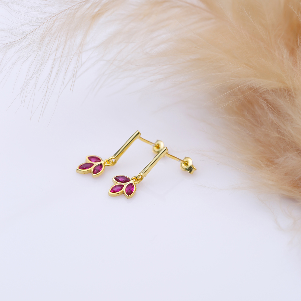 Ruby Cz Flower Bar Silver Stud Earrings