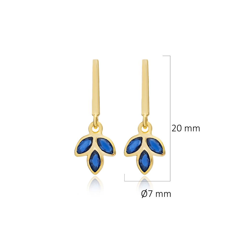 Sapphire Cz Flower Bar Silver Stud Earrings