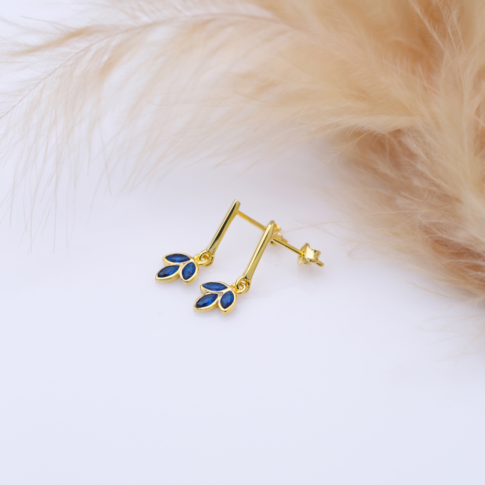 Sapphire Cz Flower Bar Silver Stud Earrings