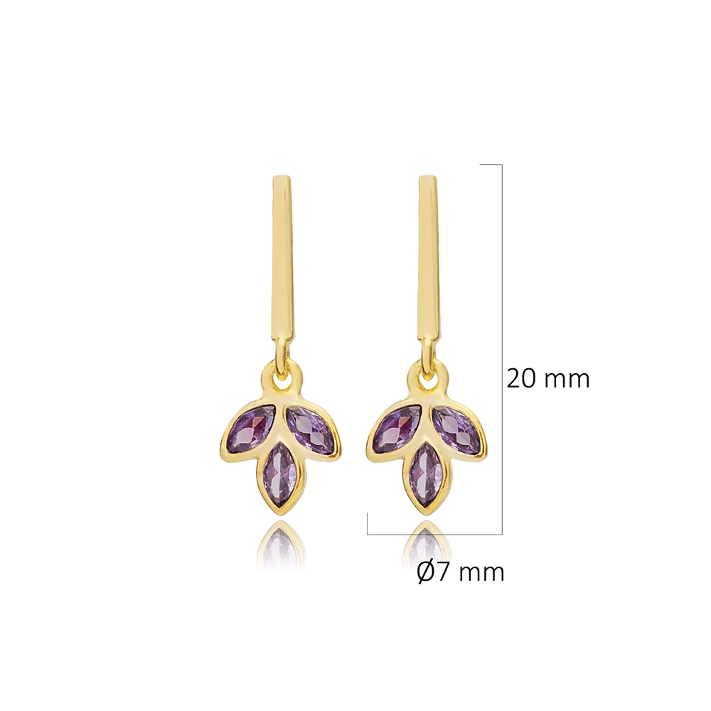 Amethyst Cz Flower Bar Silver Stud Earrings