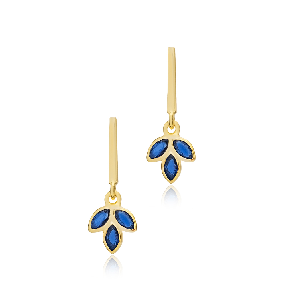 Sapphire Cz Flower Bar Silver Stud Earrings