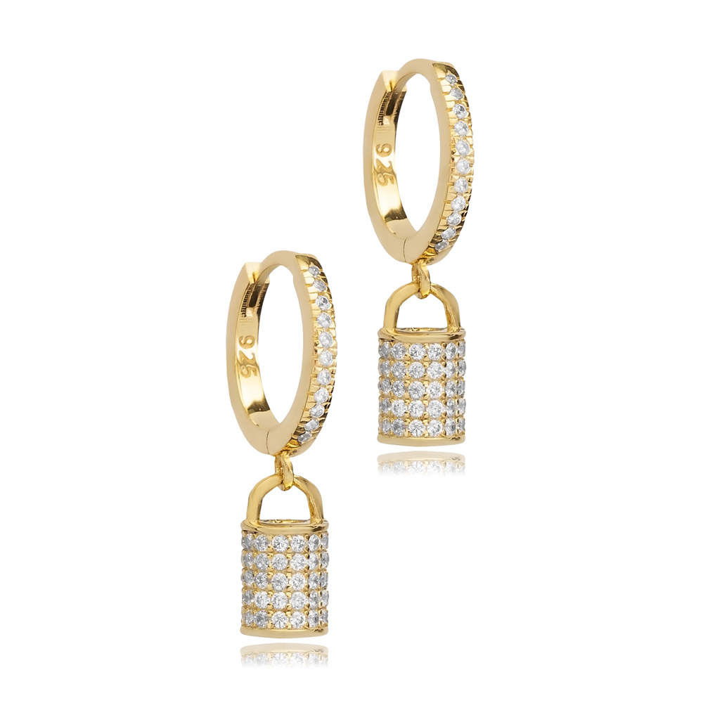 Lock Shape CZ Stone Dangle Earrings