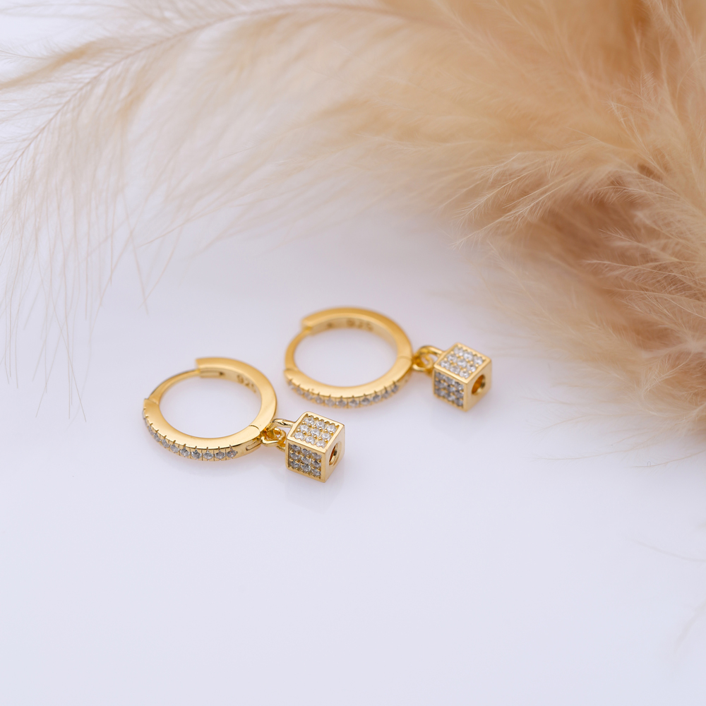 Cube Design CZ Stone Dangle Earrings