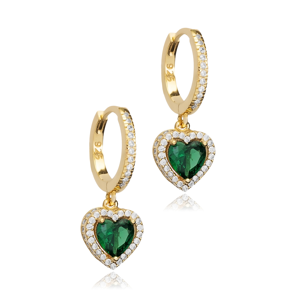 Heart Design Emerald CZ Stone Dangle Earrings