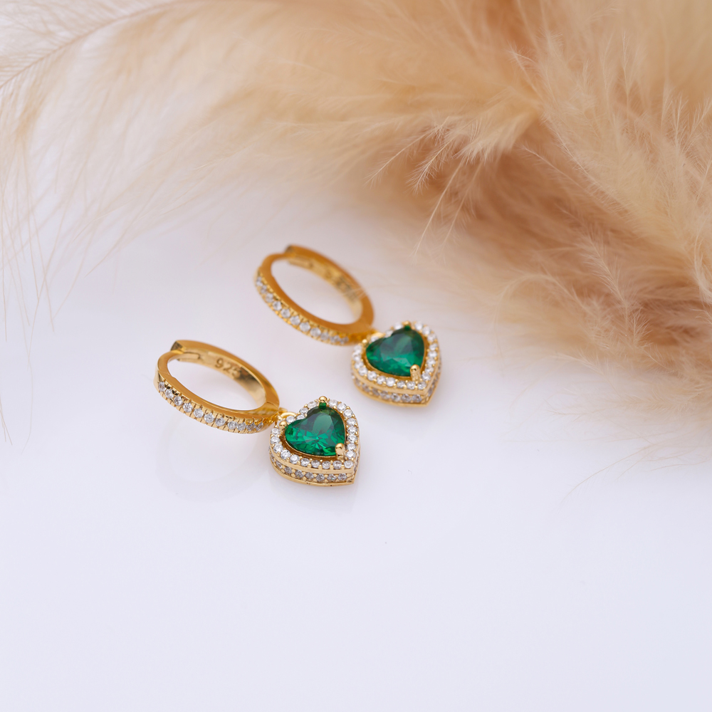 Heart Design Emerald CZ Stone Dangle Earrings