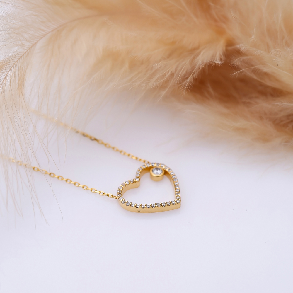 Heart Design CZ Stone Hollow Charm Necklace