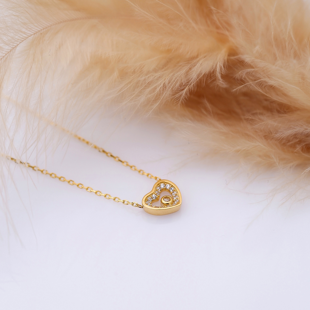 Tiny Heart Design CZ Stone Charm Necklace