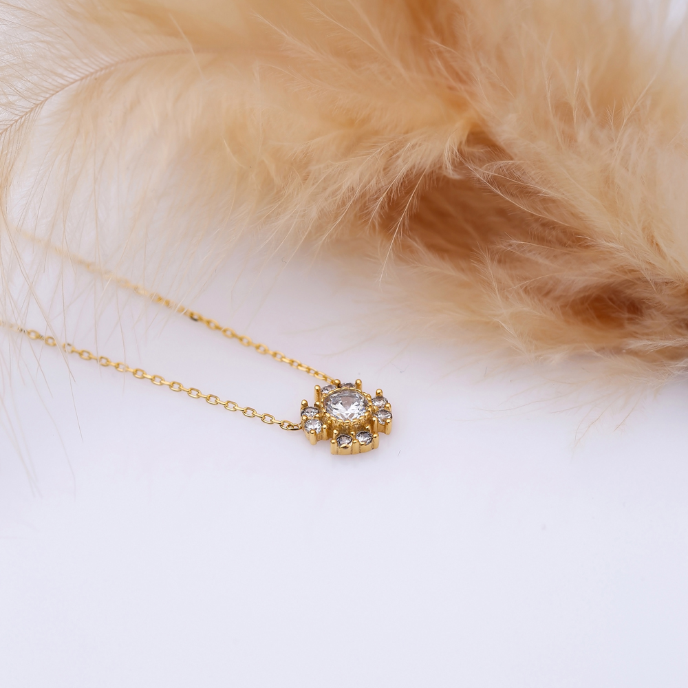 Flower Style CZ Stone Silver Charm Necklace