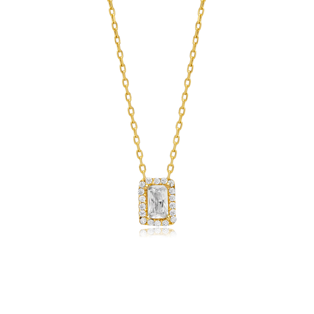 Rectangle Design CZ Stone Charm Necklace
