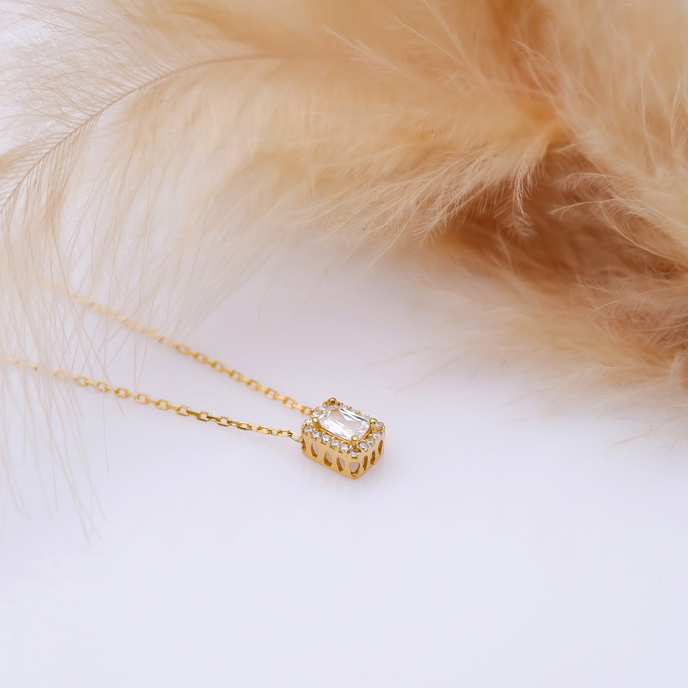 Rectangle Design CZ Stone Charm Necklace