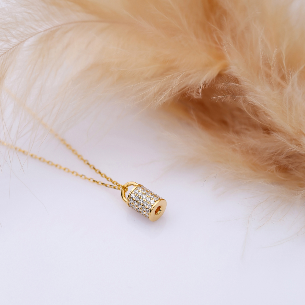 Cylinder Design CZ Stone Charm Necklace