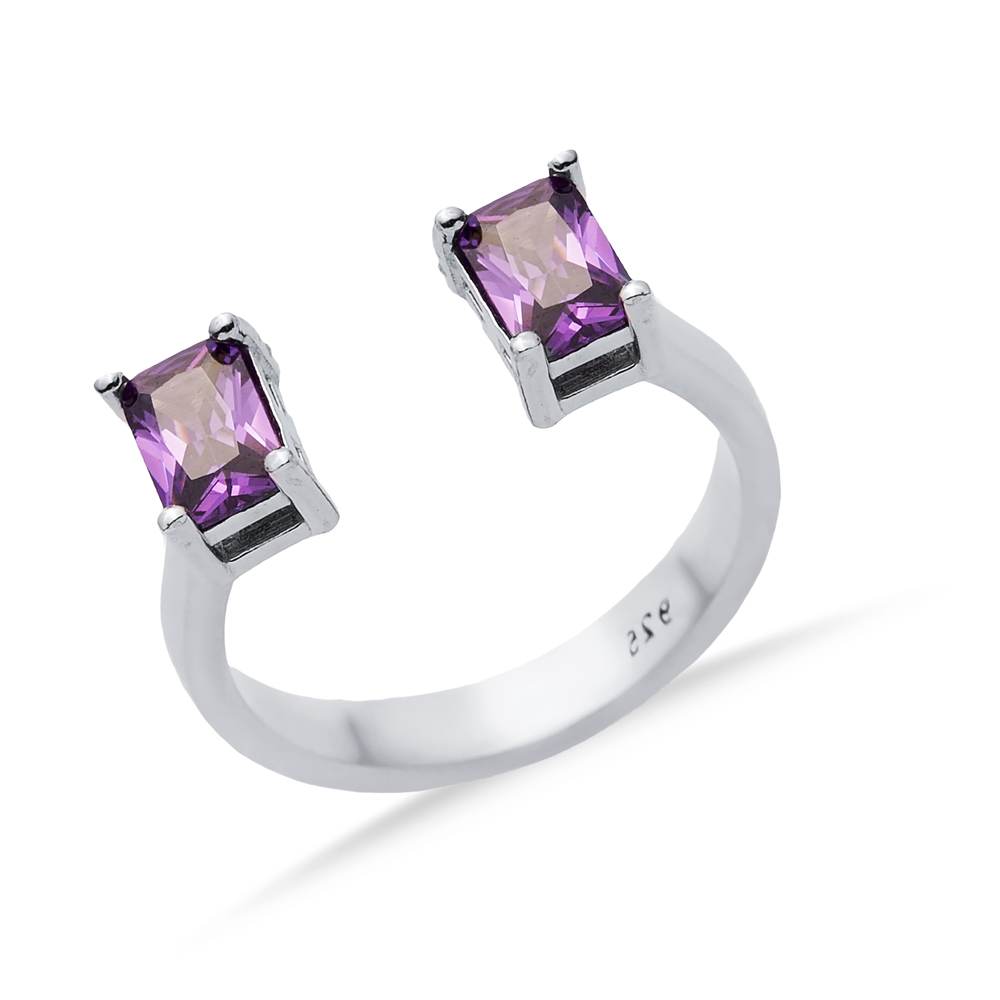 Amethyst Rectangle Silver Adjustable Ring