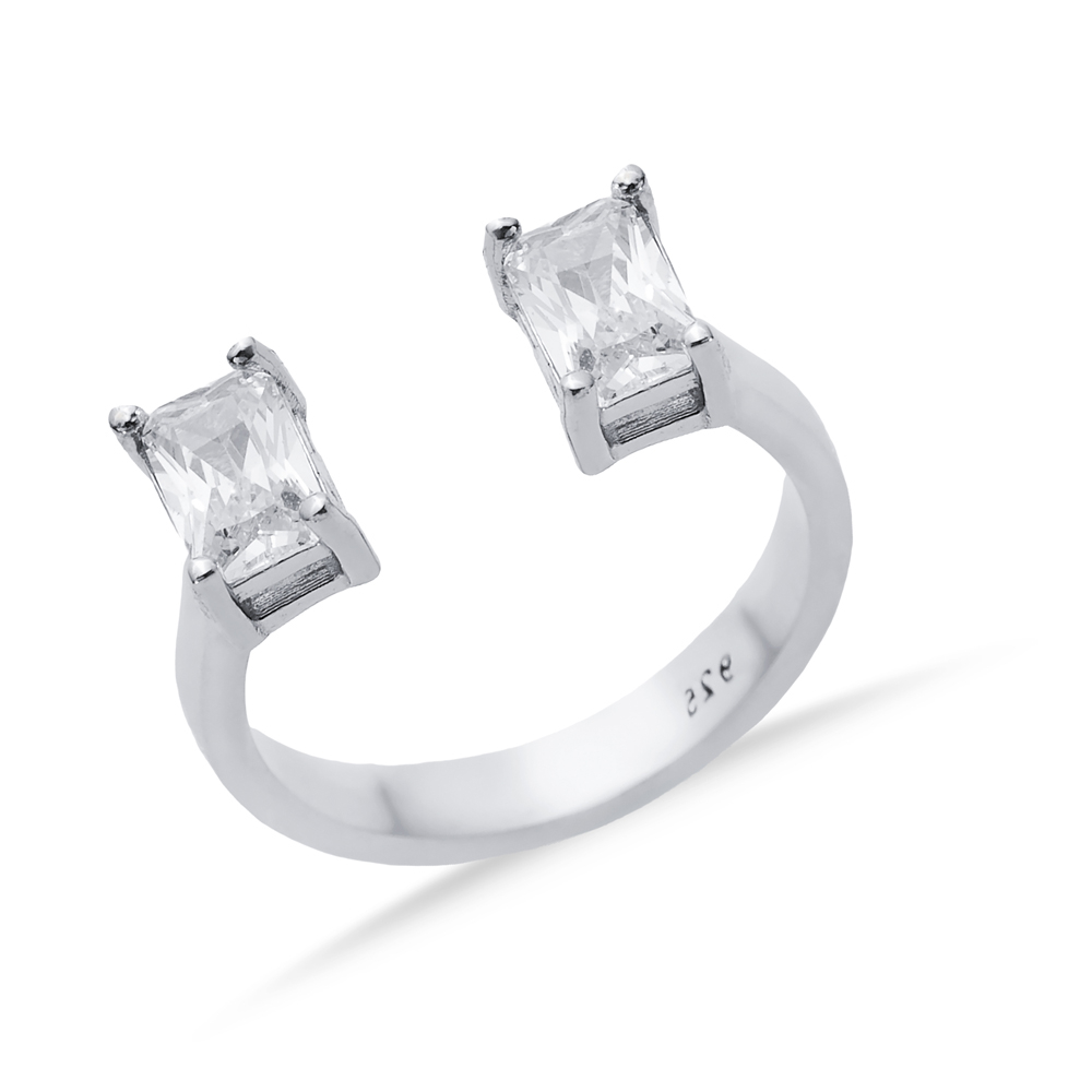 Clear CZ Rectangle Silver Adjustable Ring