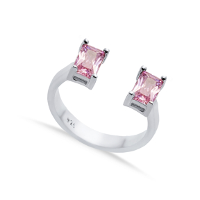 Pink CZ Rectangle Silver Adjustable Ring