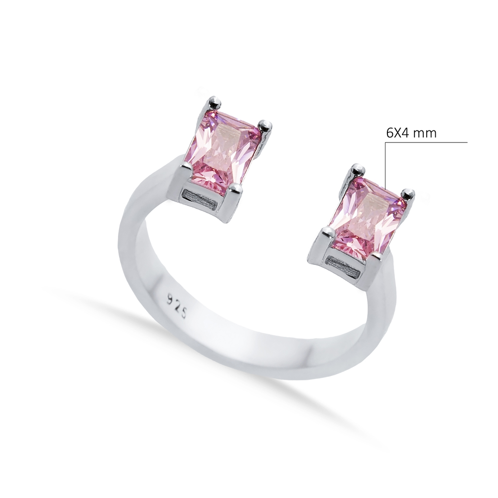Pink CZ Rectangle Silver Adjustable Ring