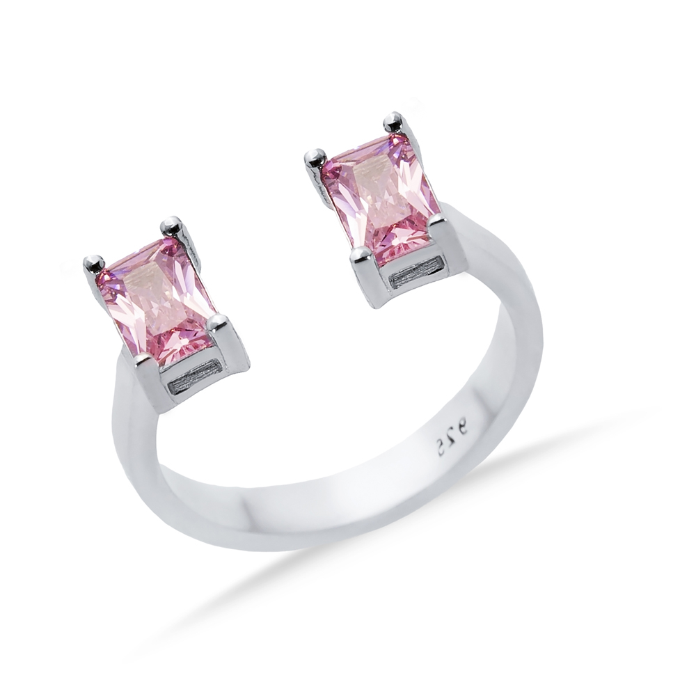 Pink CZ Rectangle Silver Adjustable Ring