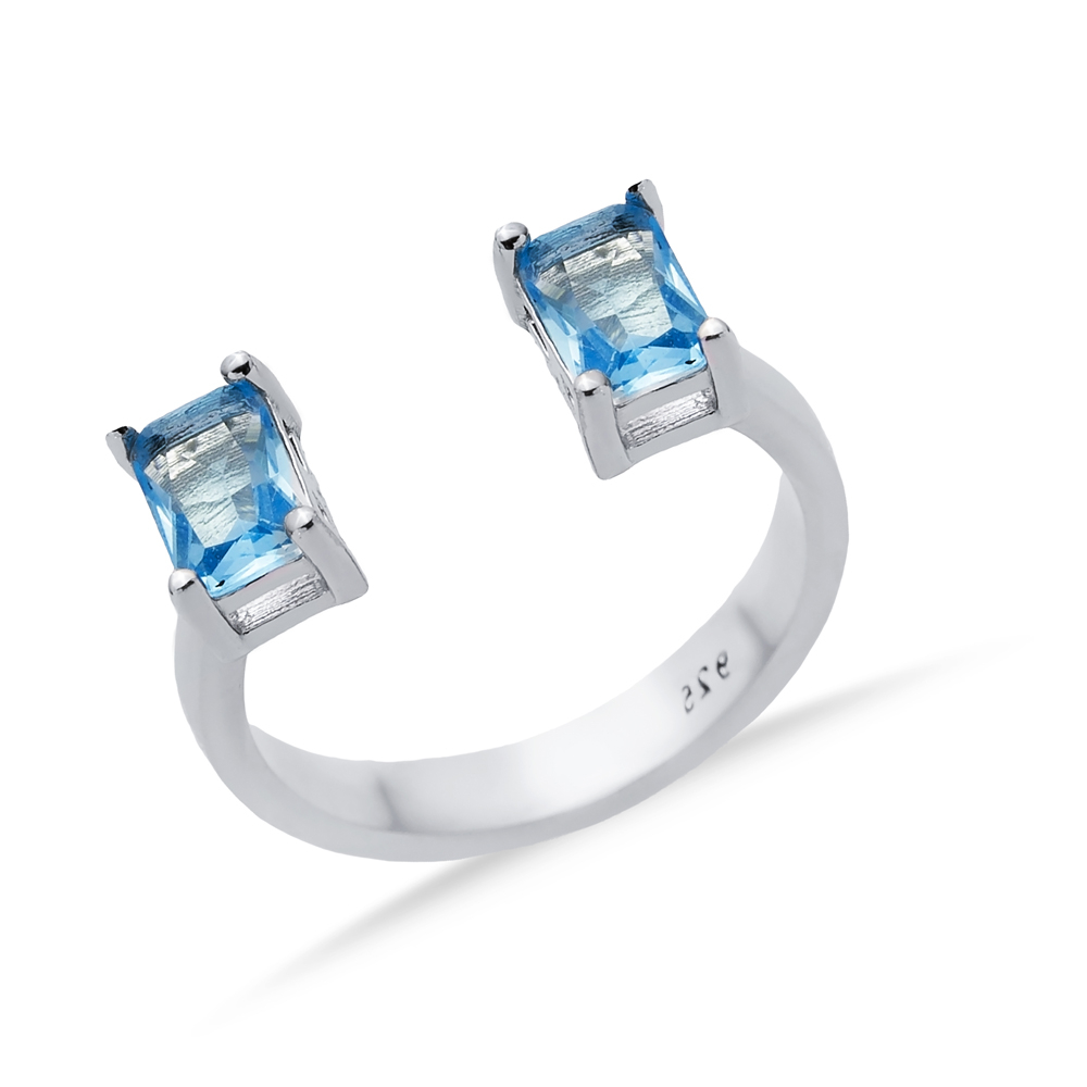 Aquamarine CZ Rectangle Silver Adjustable Ring