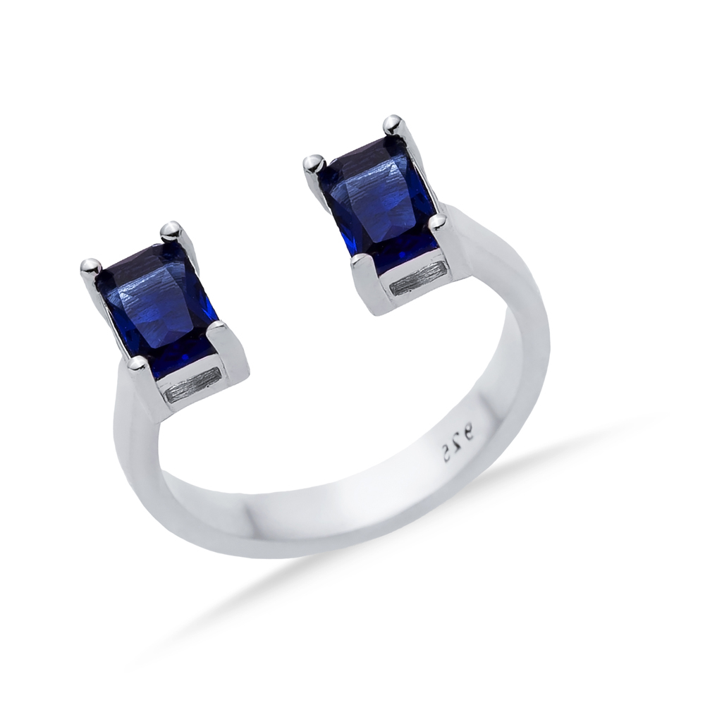 Sapphire CZ Rectangle Silver Adjustable Ring