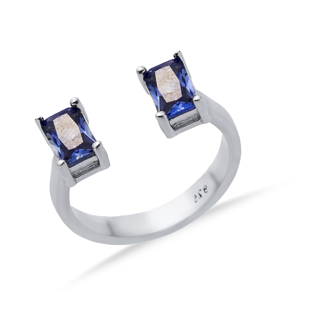 Tanzanite CZ Rectangle Silver Adjustable Ring