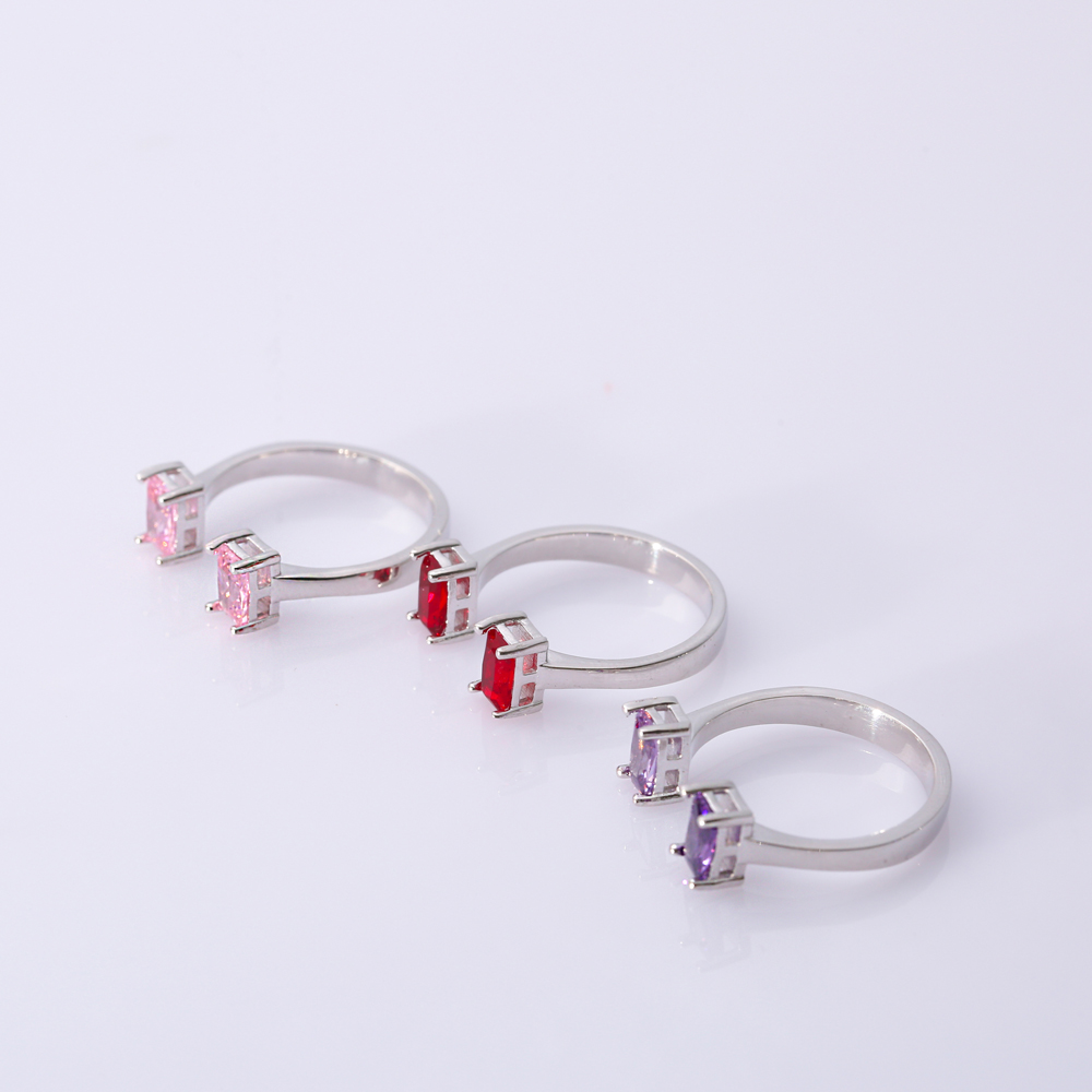 Garnet CZ Rectangle Silver Adjustable Ring