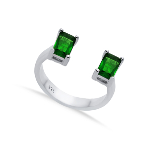 Emerald CZ Rectangle Silver Adjustable Ring