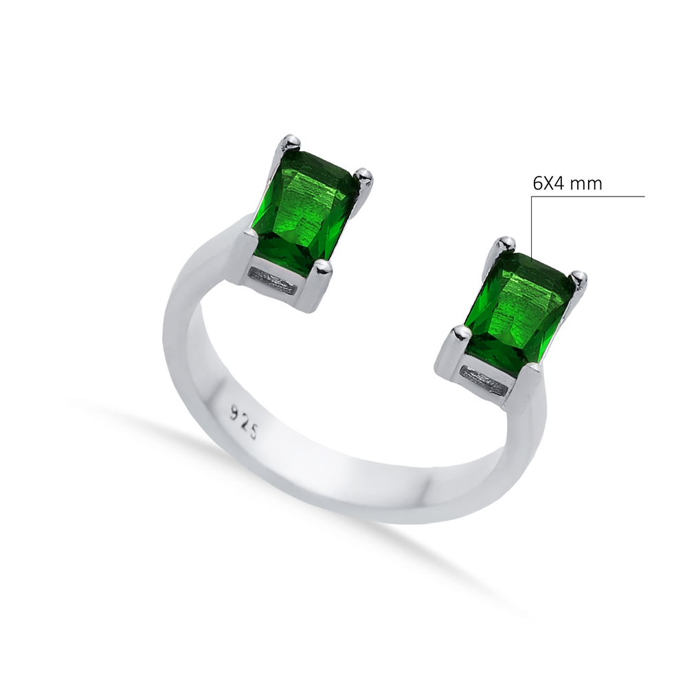 Emerald CZ Rectangle Silver Adjustable Ring