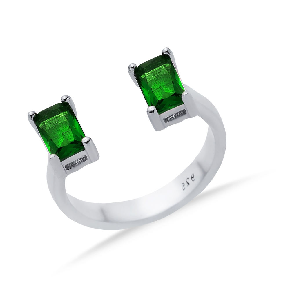 Emerald CZ Rectangle Silver Adjustable Ring