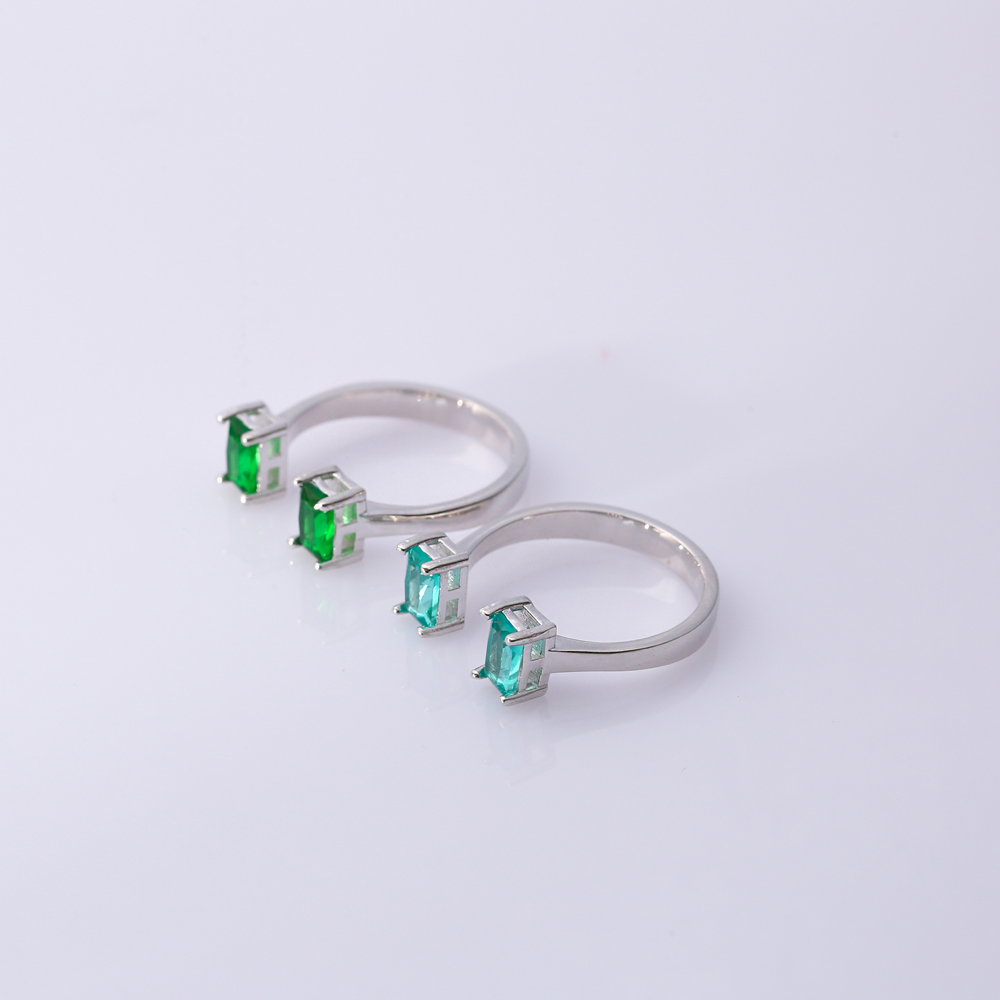 Emerald CZ Rectangle Silver Adjustable Ring