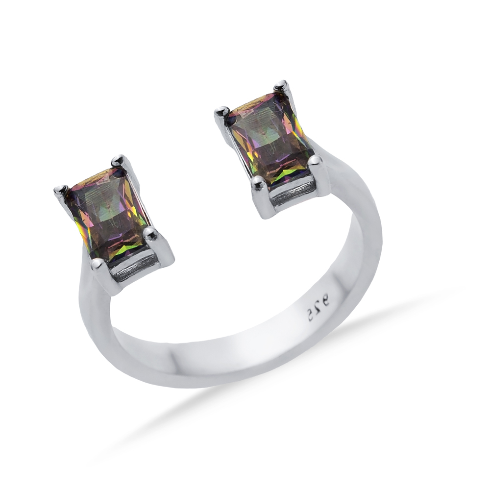 Mystic Topaz Rectangle Silver Adjustable Ring