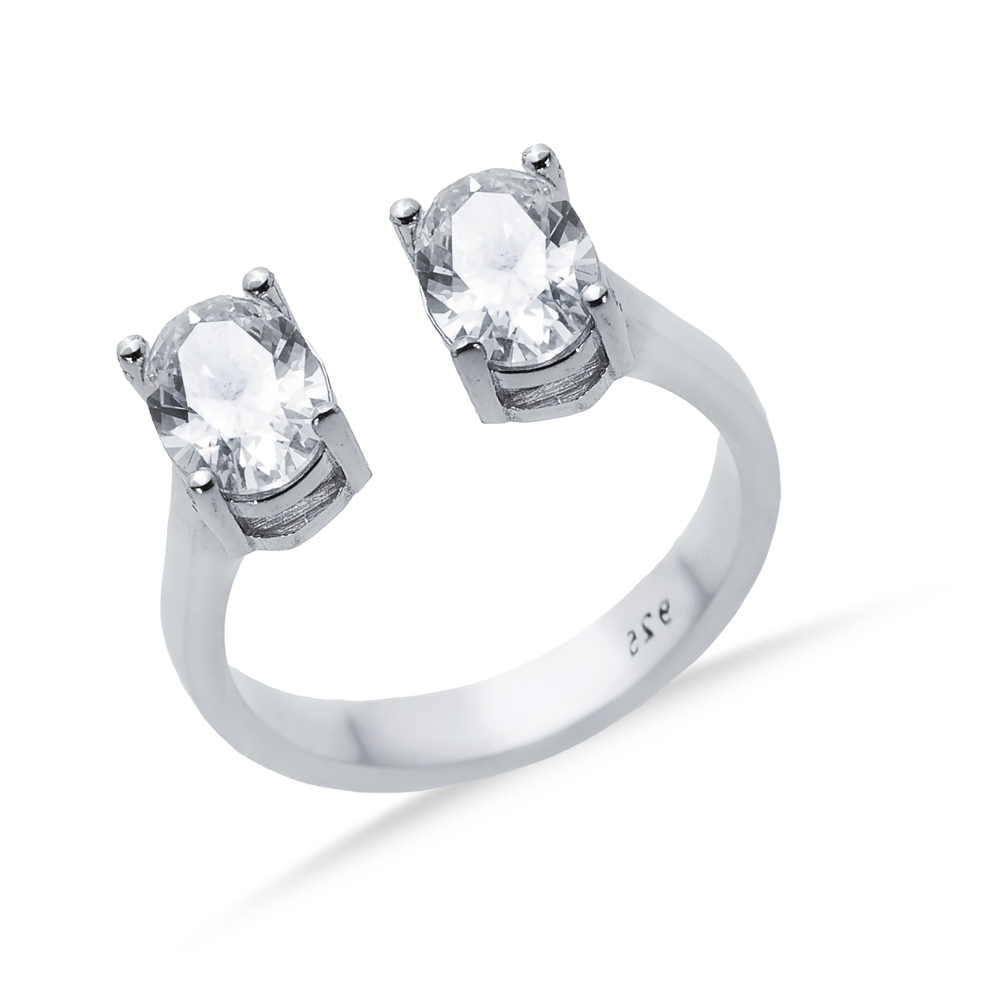 Clear CZ Oval Silver Adjustable Ring